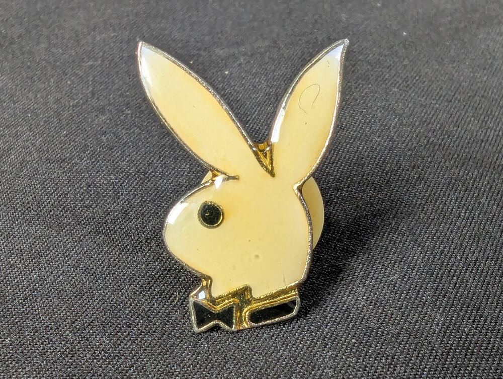 Vintage Playboy Bunny Lapel Pin Cream Enamel Silver-Tone Metal Clutch Back Good